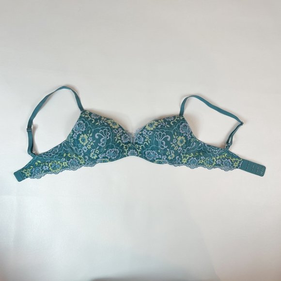 NWOT Victoria's Secret Bra 32C Dream Angels Padded No-Wire Blue Floral Lace - Picture 2 of 7